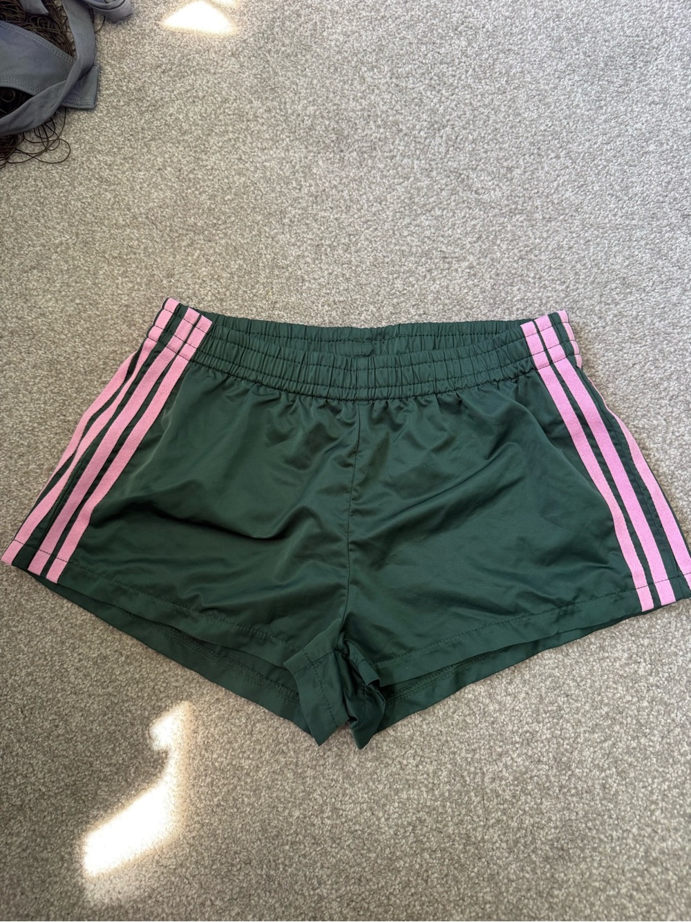 Women's Green Athletic Shorts with Pink Side Stripes